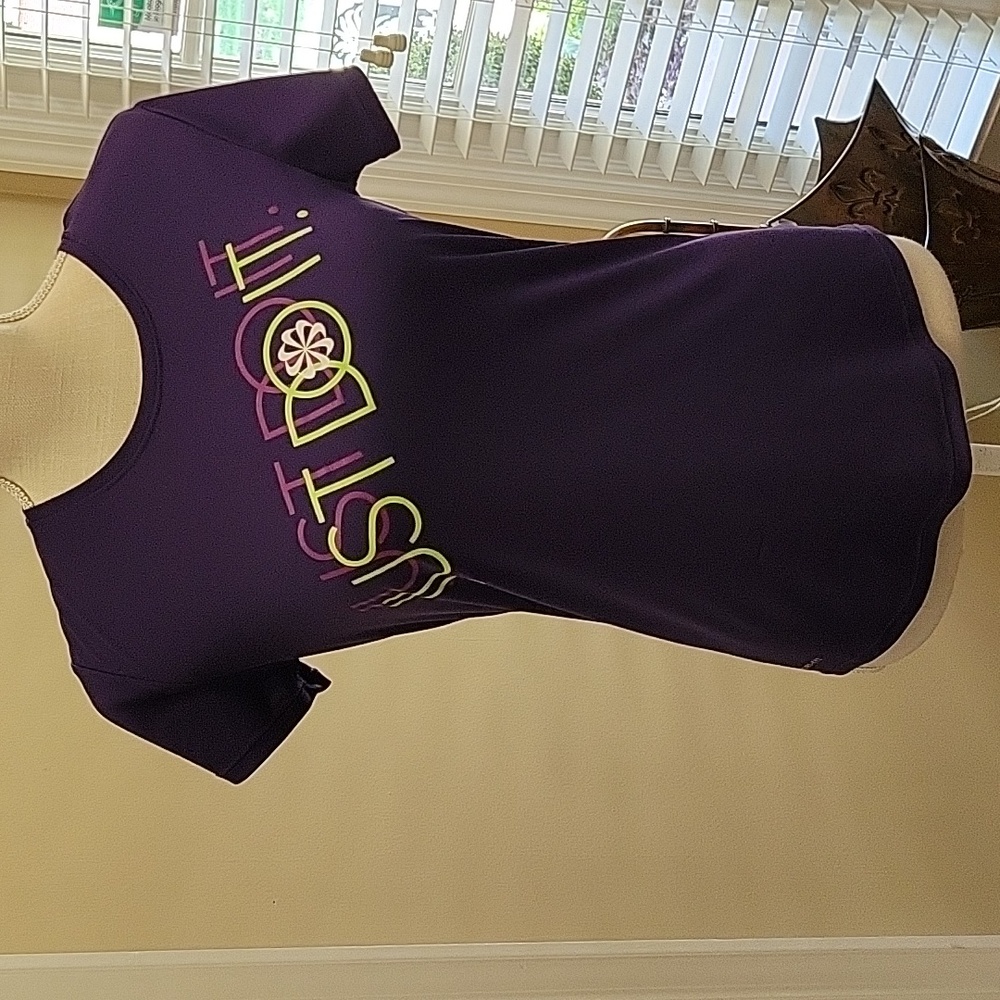 Nike Running Dri-Fit purple short sleeve tee JUST DO IT  lime white rose S EUC…